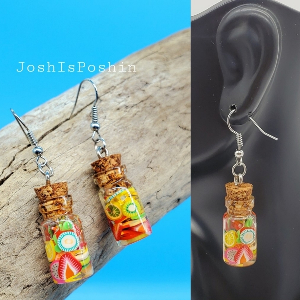 Silver handmade resin fruit earrings